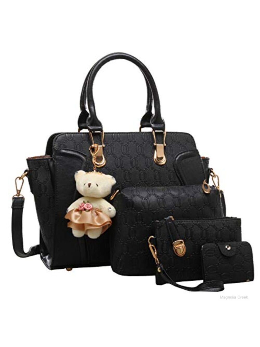 Synthetic Leather 4-Piece Tote Satchel Shoulder Bag Clutch Card Holder Set